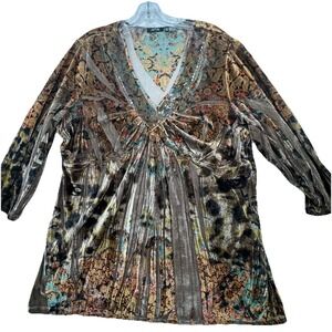Womens Plus size 2X Velvet Floral Artsy Art To Wear Babydoll Top Sequins